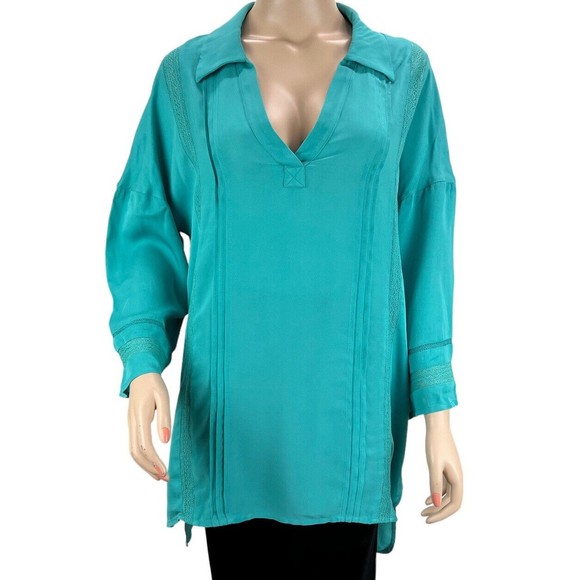 Soft Surroundings Capistrano Pintuck Teal Tunic Top Lace Inset Hi Lo Hem MEDIUM - Picture 2 of 12